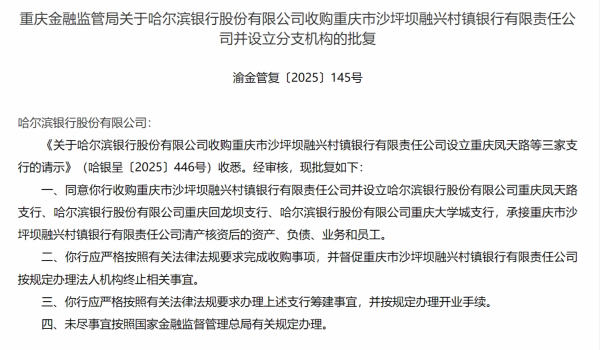国家允许的配资平台 哈尔滨银行收购重庆市沙坪坝融兴村镇银行并设立分支机构获批
